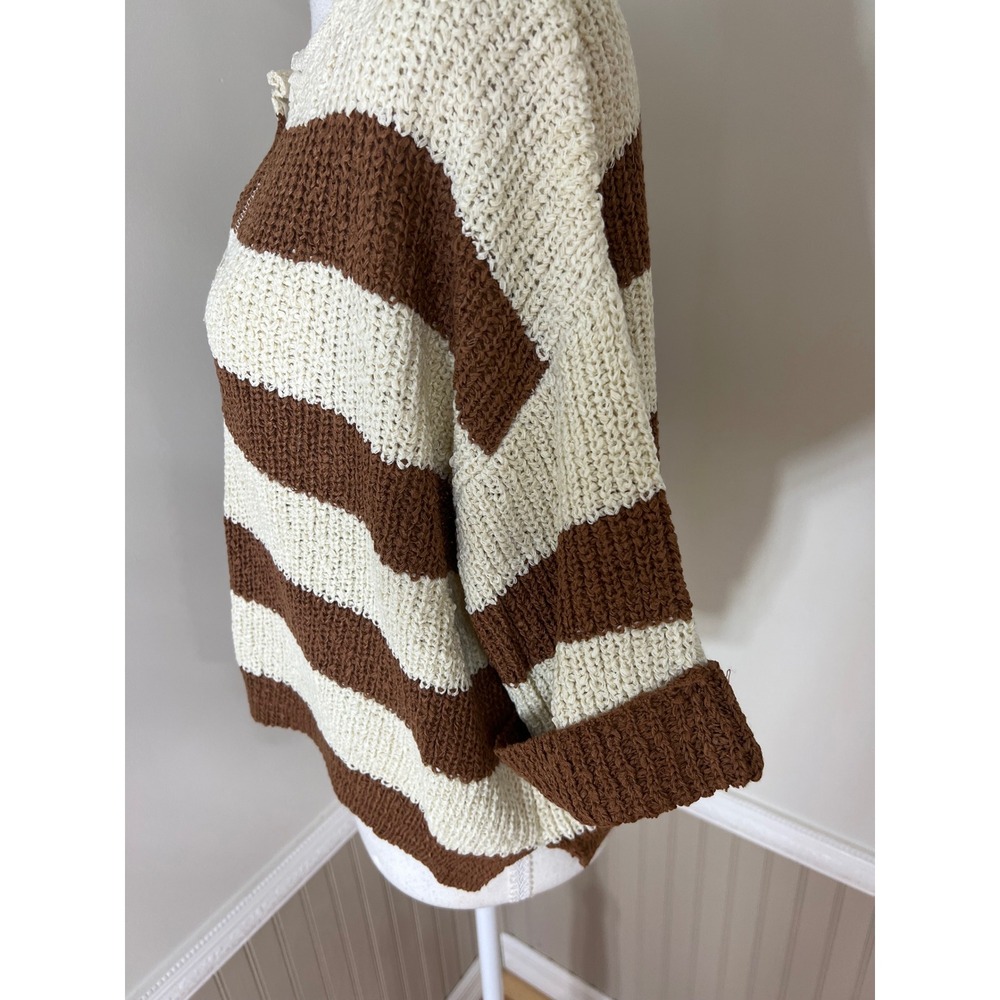 Zenana Striped Loose Knit V-Neck Sweater Brown Cream Short Sleeve S/M - Picture 9 of 11